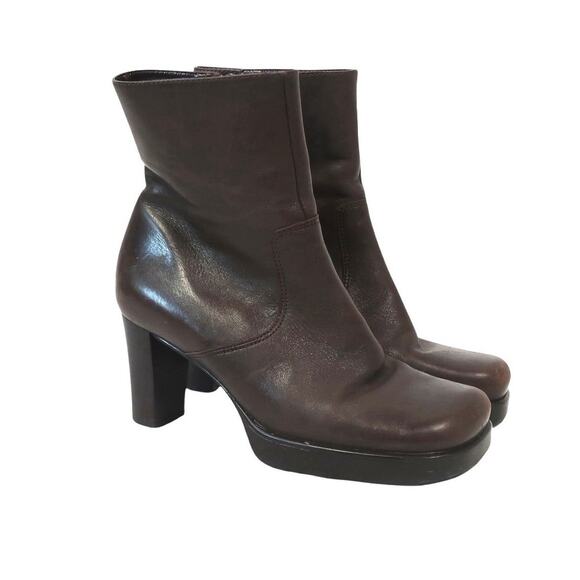 Vintage 90s Gianni Bini Dark Brown Leather Square Toe Platform Ankle Boots 6 - Picture 1 of 8